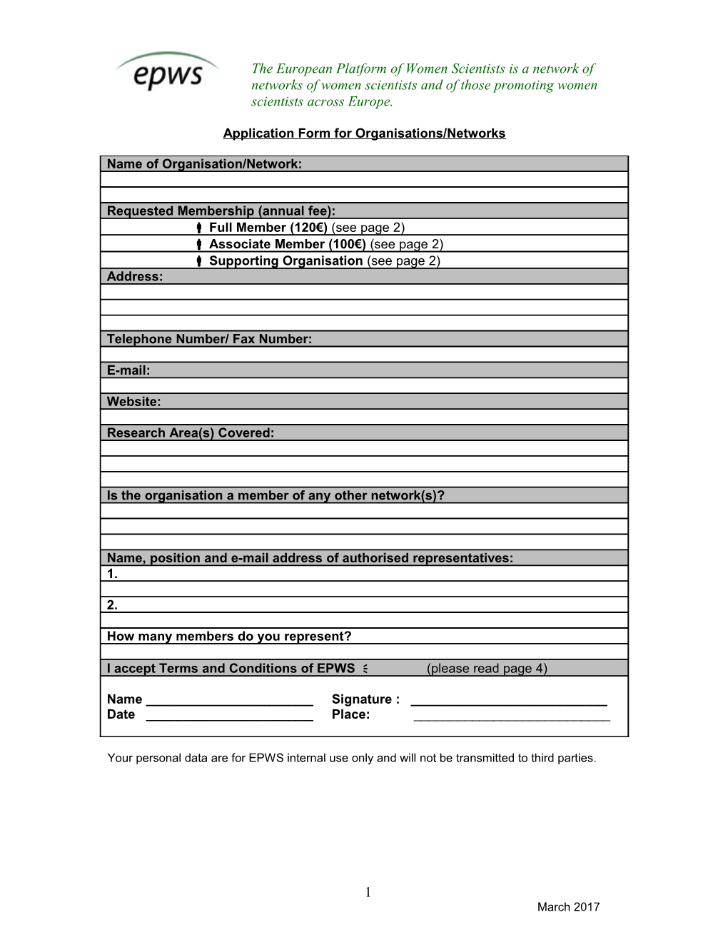 Application Form for Organisations/Networks