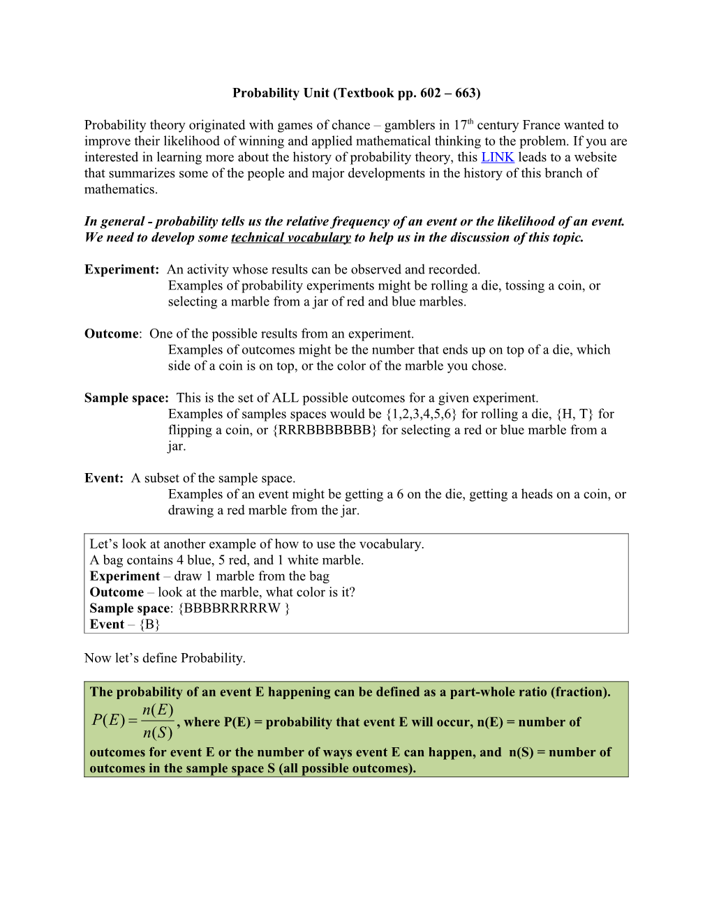 Probability Unit (Textbook Pp. 602 663)