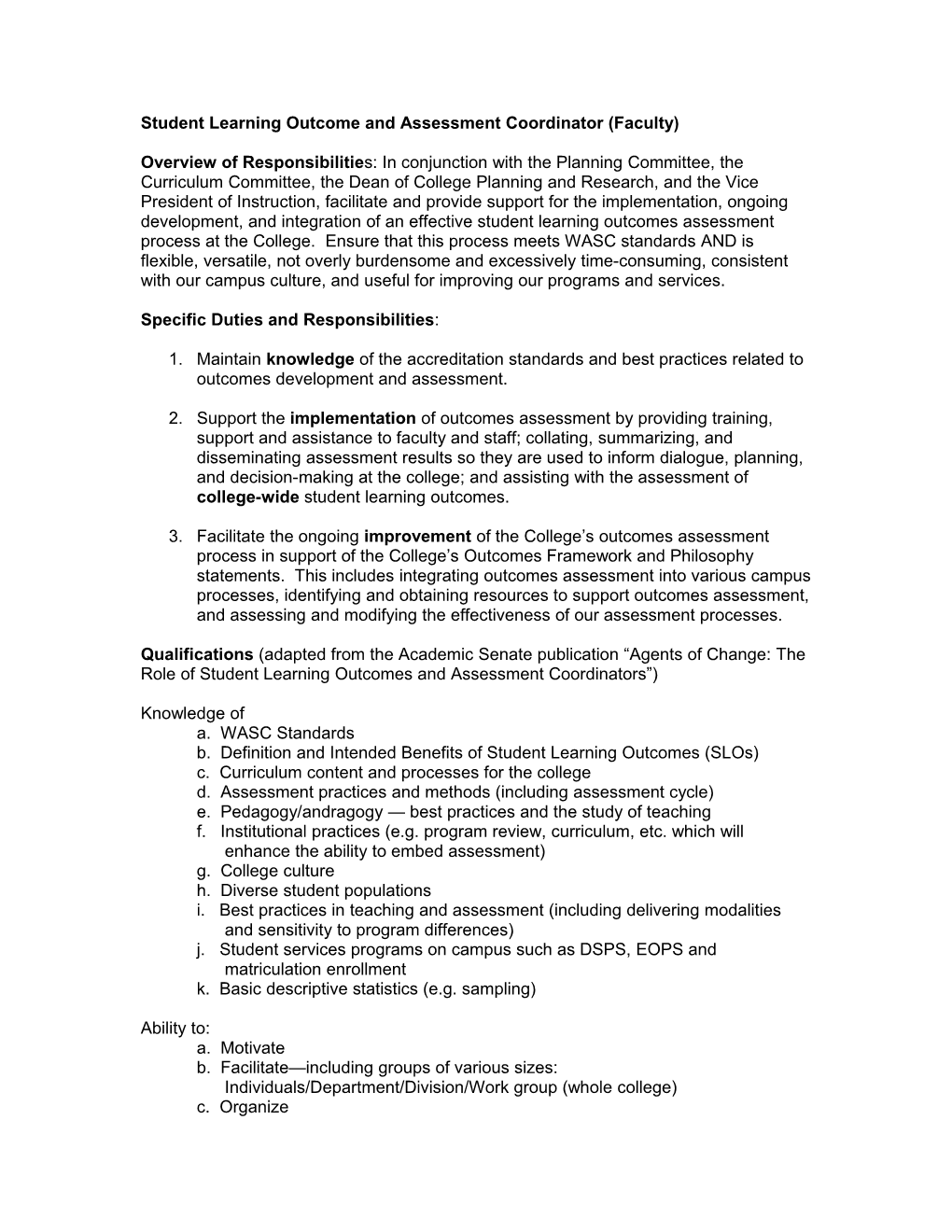 Student Learning Outcome and Assessment Coordinator (Faculty)