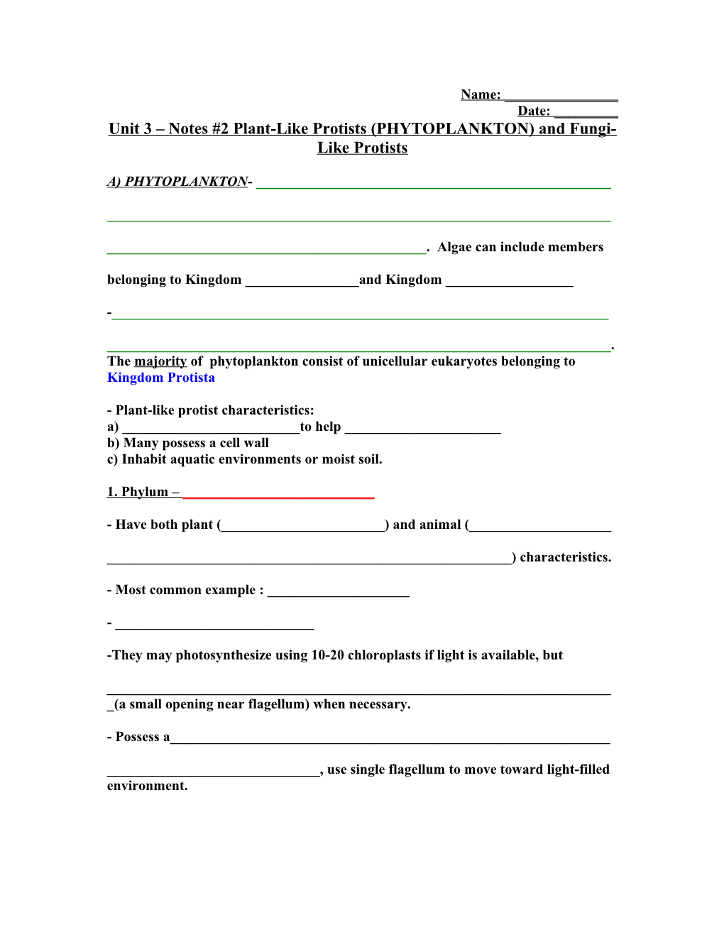 Unit 3 Notes #2 Plant-Like Protists (PHYTOPLANKTON) and Fungi-Like Protists