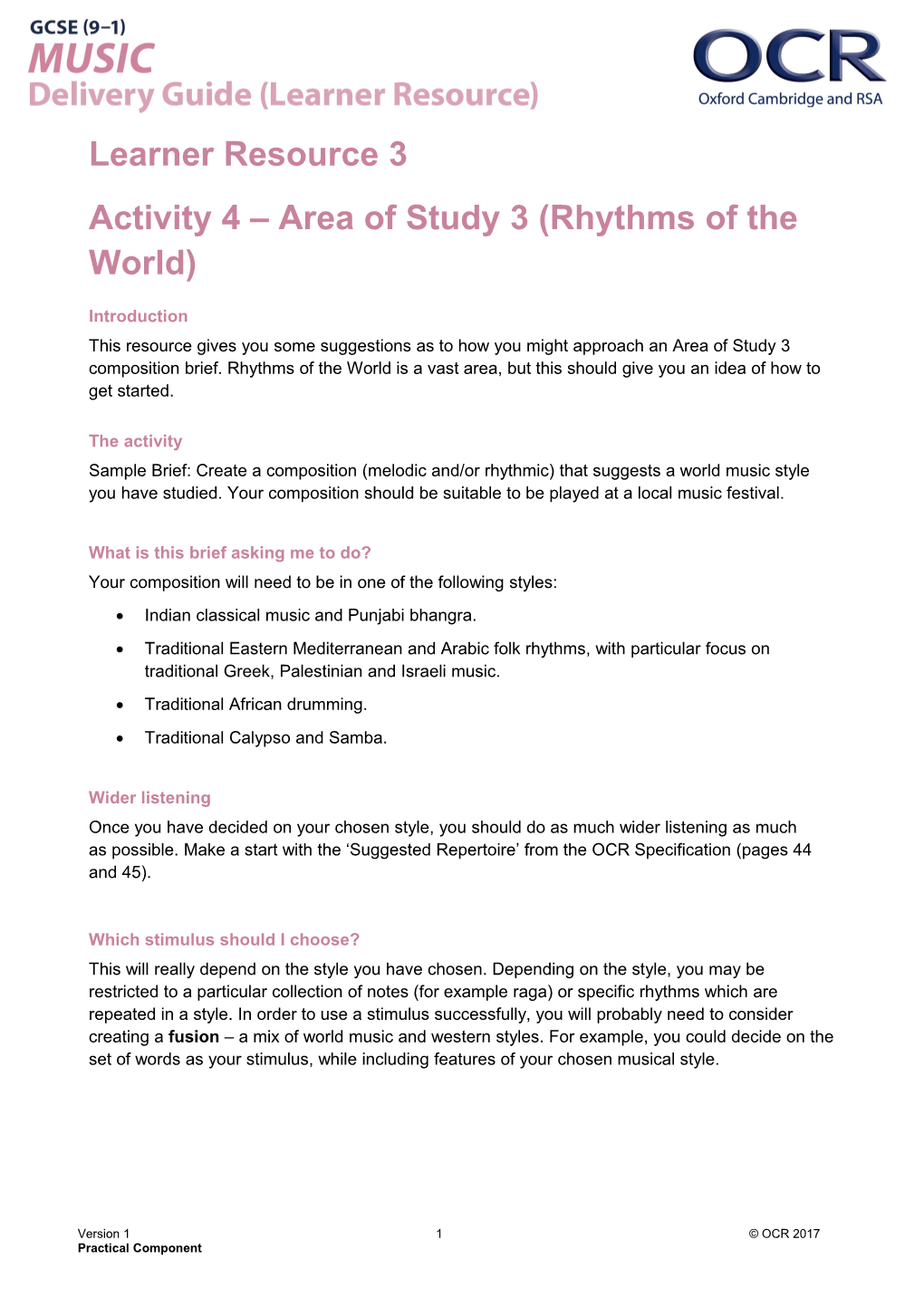 GCSE (9-1) Music Learner Resource 1 - Activity 4 Rhythms of the World