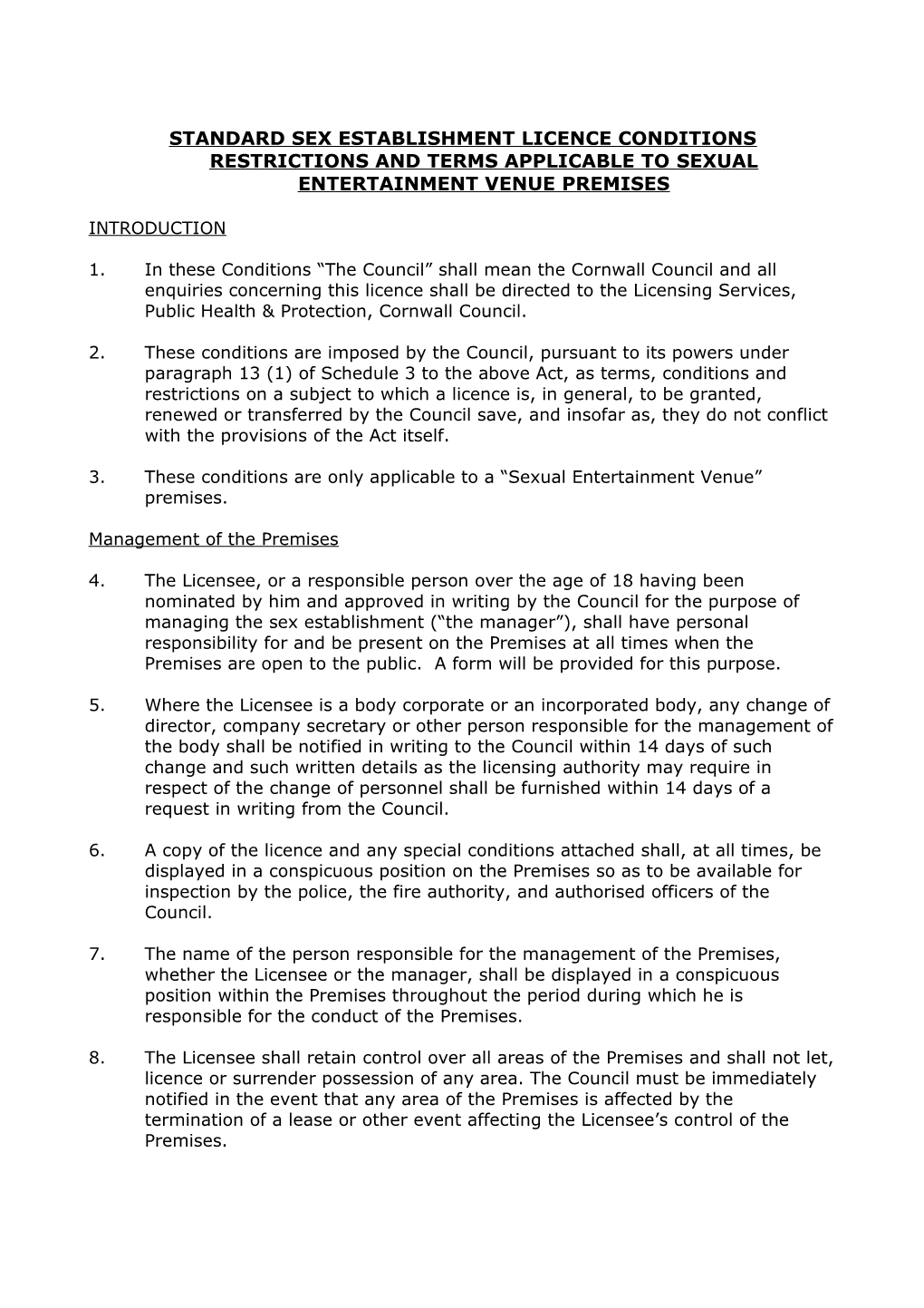 Standard Sex Establishment Licence Conditions Restrictions and Terms Applicable to Sexual