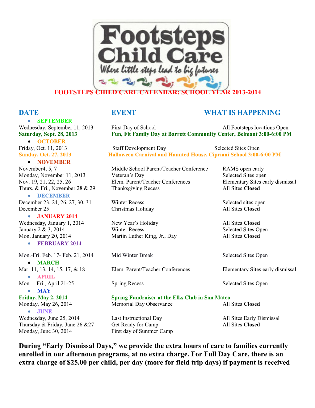 Footsteps Child Care Calendar: School Year 2013-2014