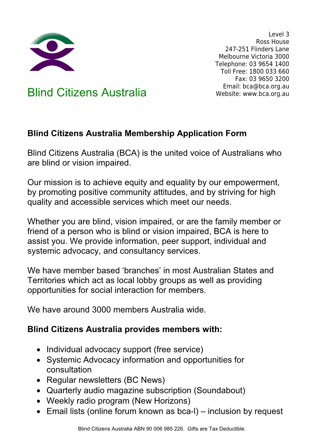 Blind Citizens Australia Membership Application Form