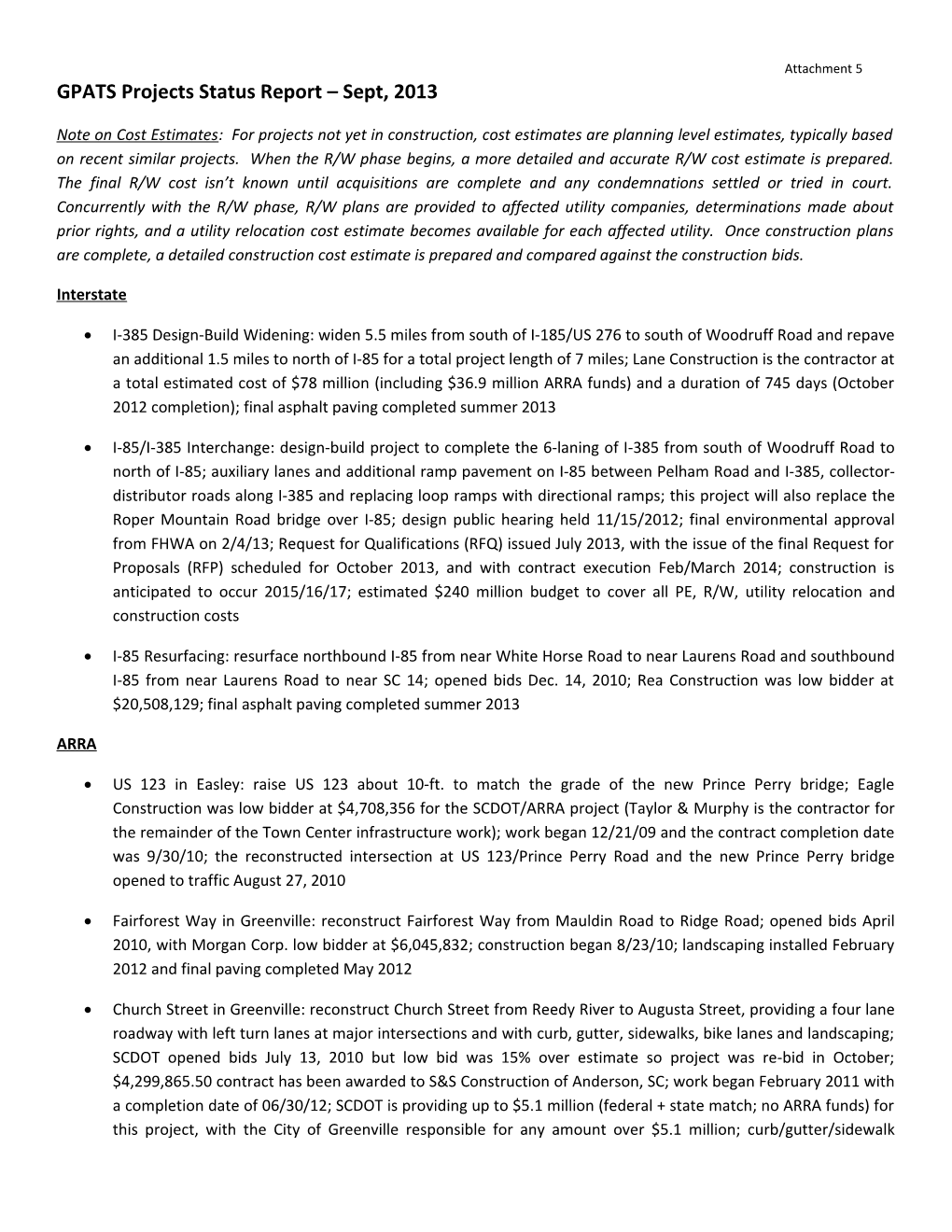 GPATS Projects Status Report Sept, 2013