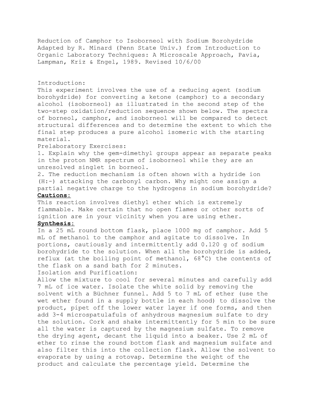 Reduction of Camphor to Isoborneol with Sodium Borohydride