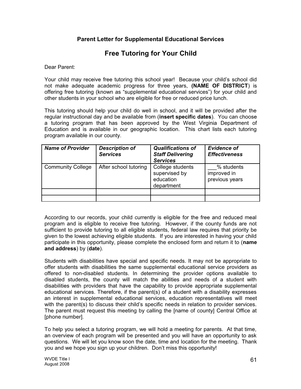 Parent Letter for Supplemental Educational Services