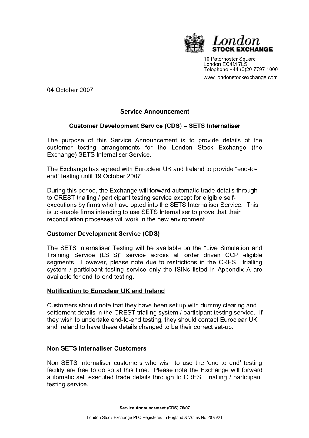 Customer Development Service (CDS) SETS Internaliser