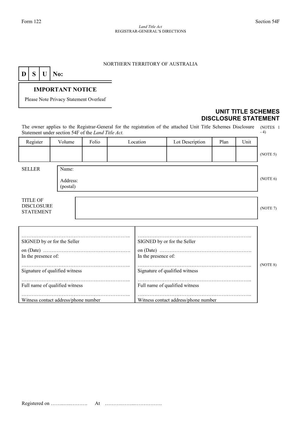 Form No. 122 - Unit Title Schemes Disclosure Statement