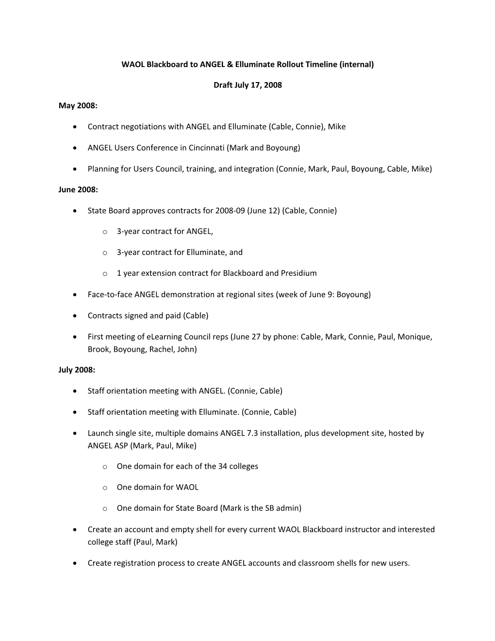 WAOL Blackboard to Angel Migration Timeline DRAFT June 27, 2008