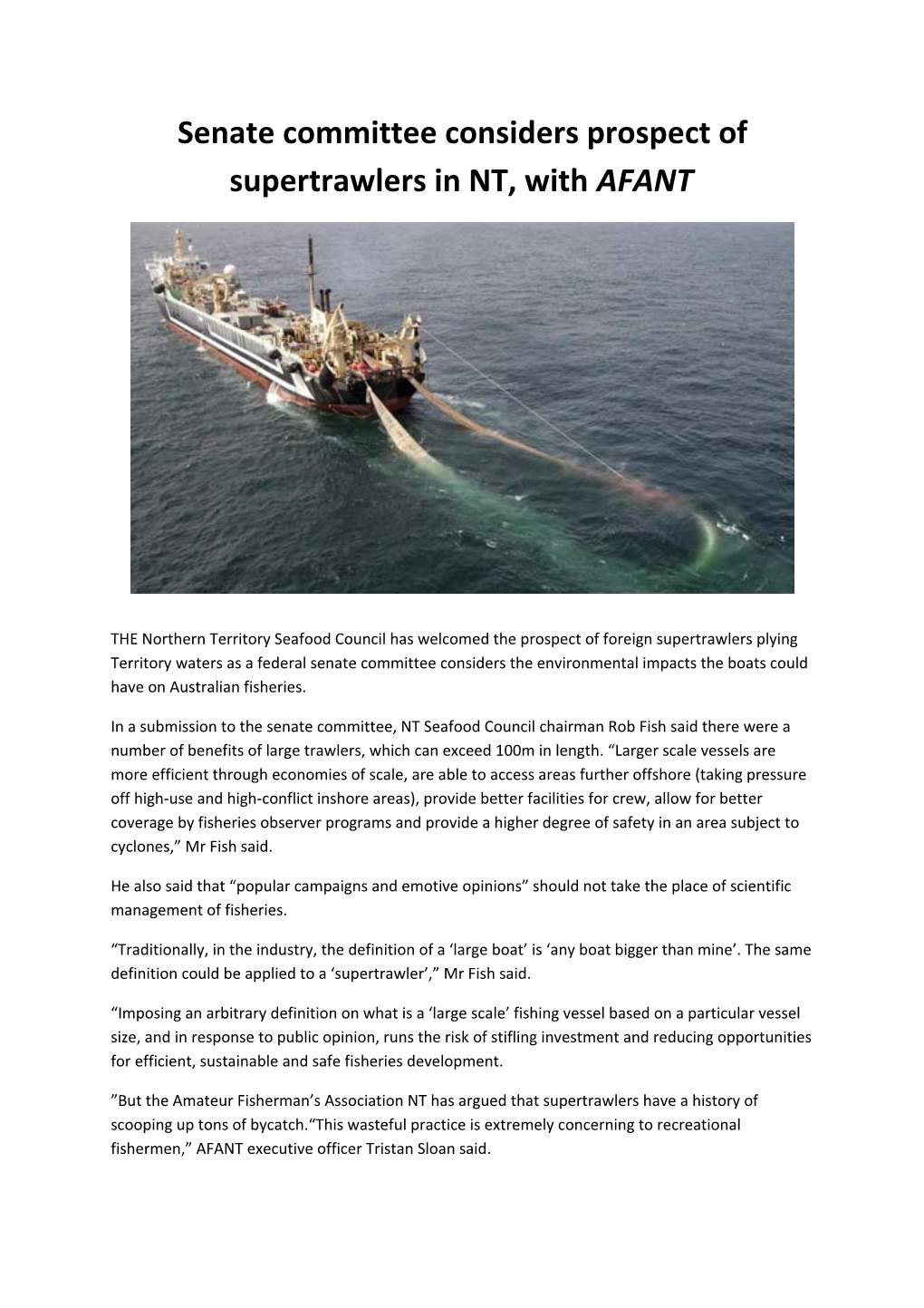 Senate Committee Considers Prospect of Supertrawlers in NT, with AFANT