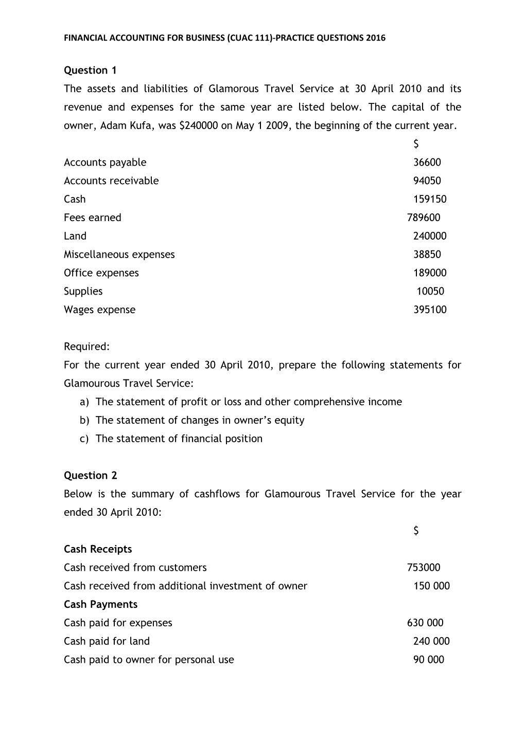 Financial Accounting for Business (Cuac 111)-Practice Questions 2016