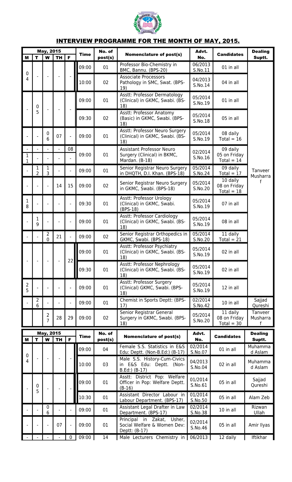 Interview Programme for the Month of May, 2014