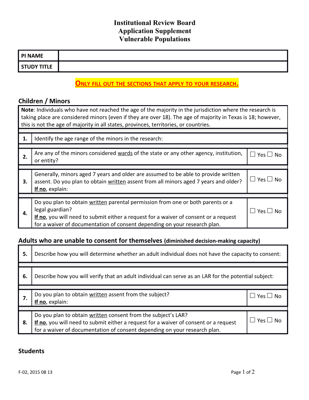 Only Fill out the Sections That Apply to Your Research
