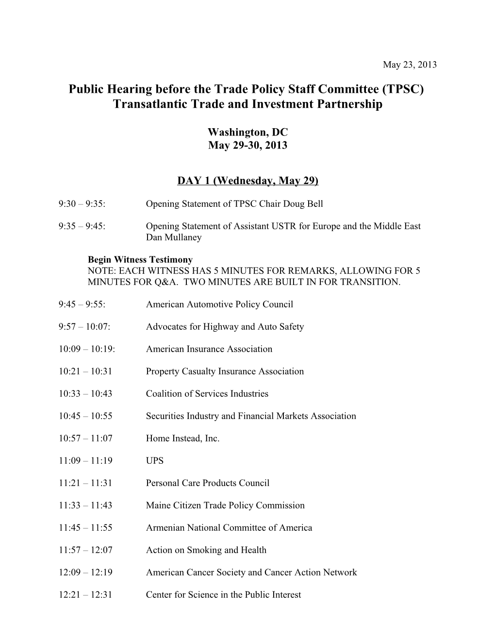 Public Hearing Before the Trade Policy Staff Committee (TPSC)