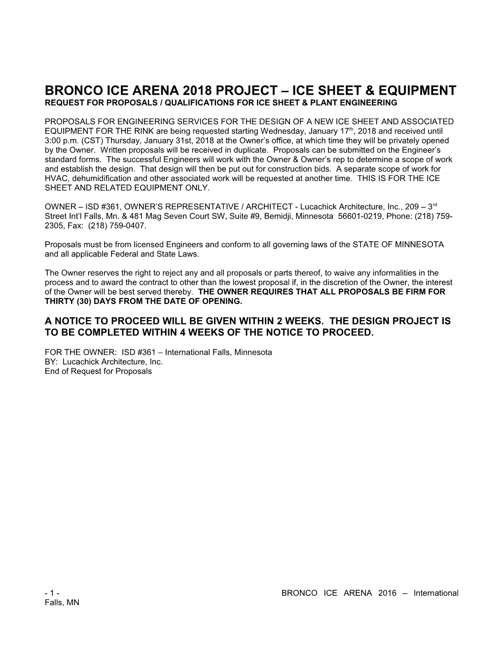Bronco Ice Arena 2018 Project Ice Sheet & Equipment