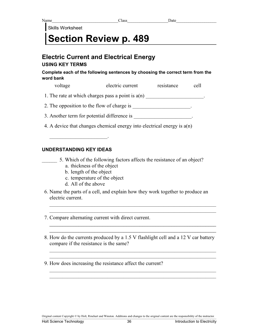 Electric Current and Electrical Energy