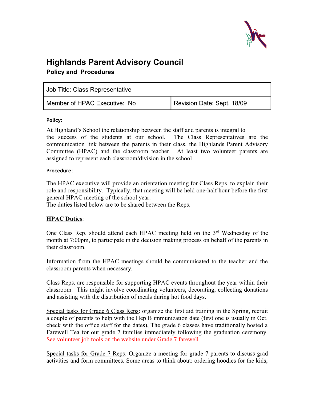 Highlands Parent Advisory Council