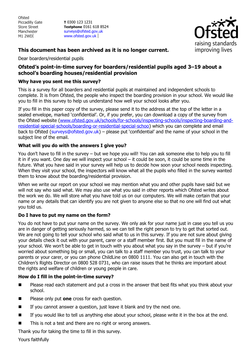 Point in Time Survey for Boarders and Residential Pupils