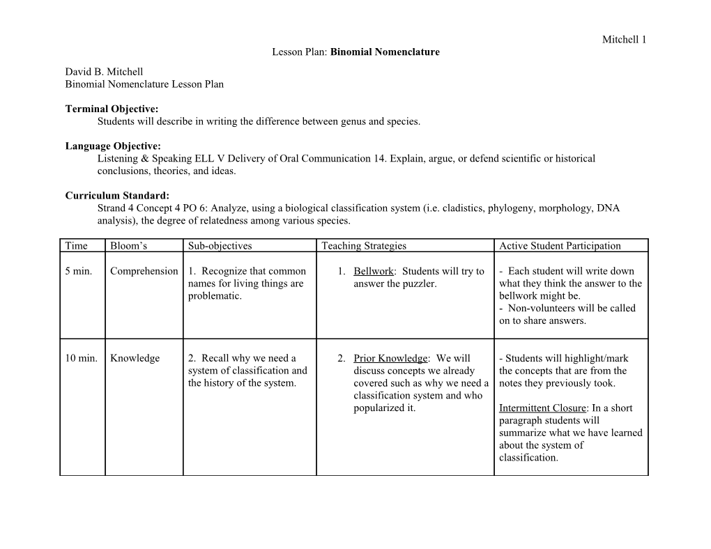 Lesson Plan: Binomial Nomenclature