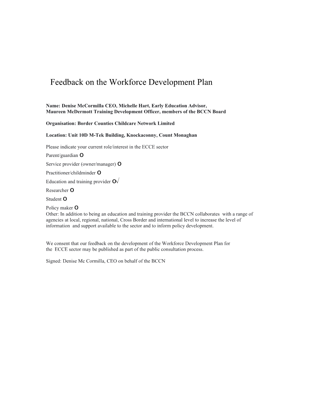 Feedback from the Border Counties Childcare Network on the Workforce Development Plan