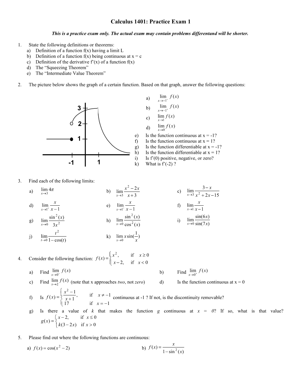 Calculus 1401: Practice Exam 1