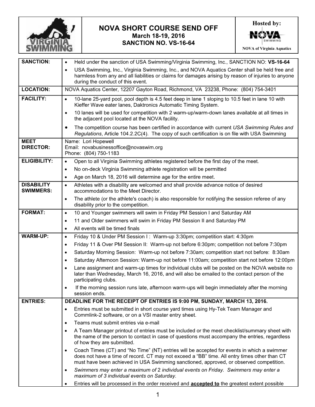 Held Under the Sanction of USA Swimming/Virginia Swimming, Inc., SANCTION NO:VS-16-64