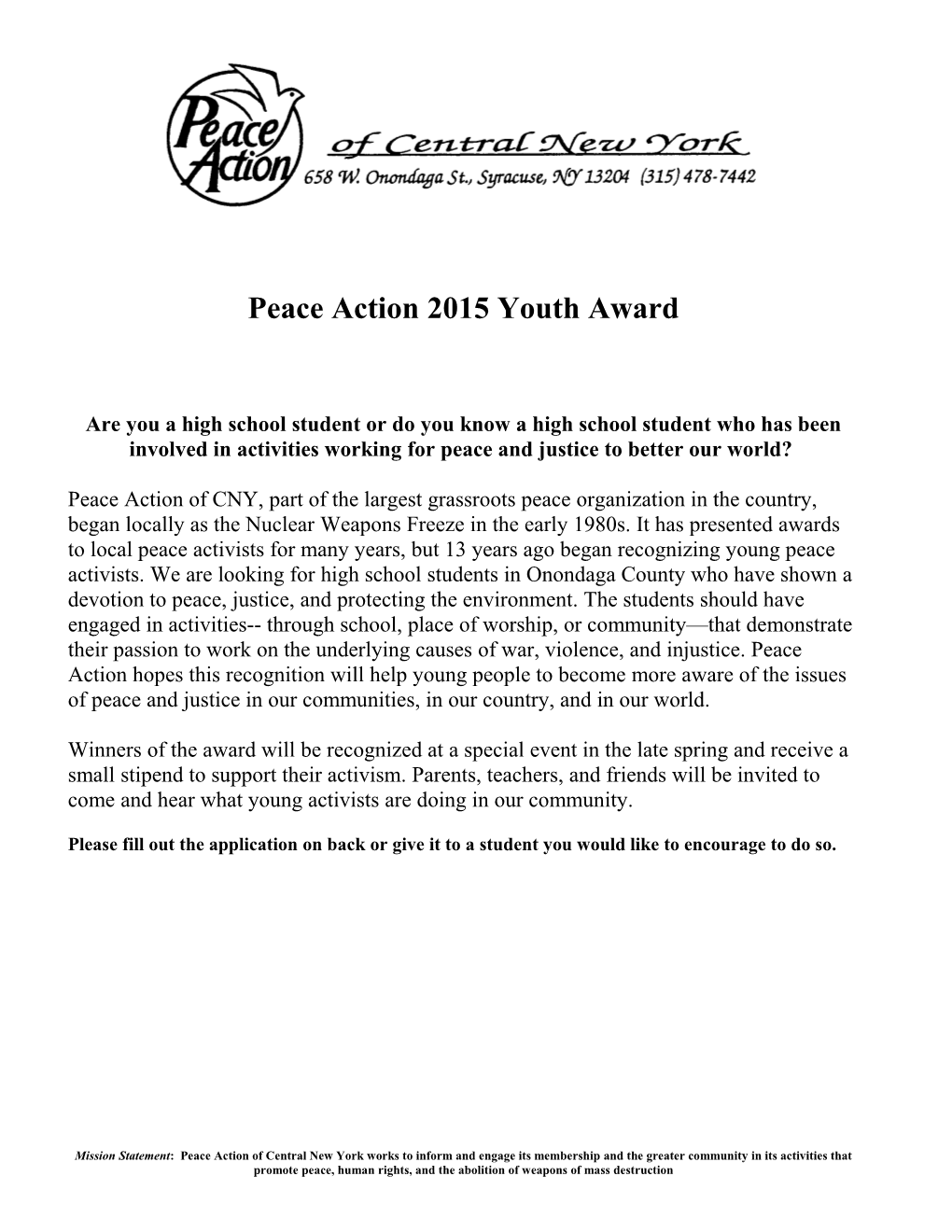 Peace Action 2015 Youth Award