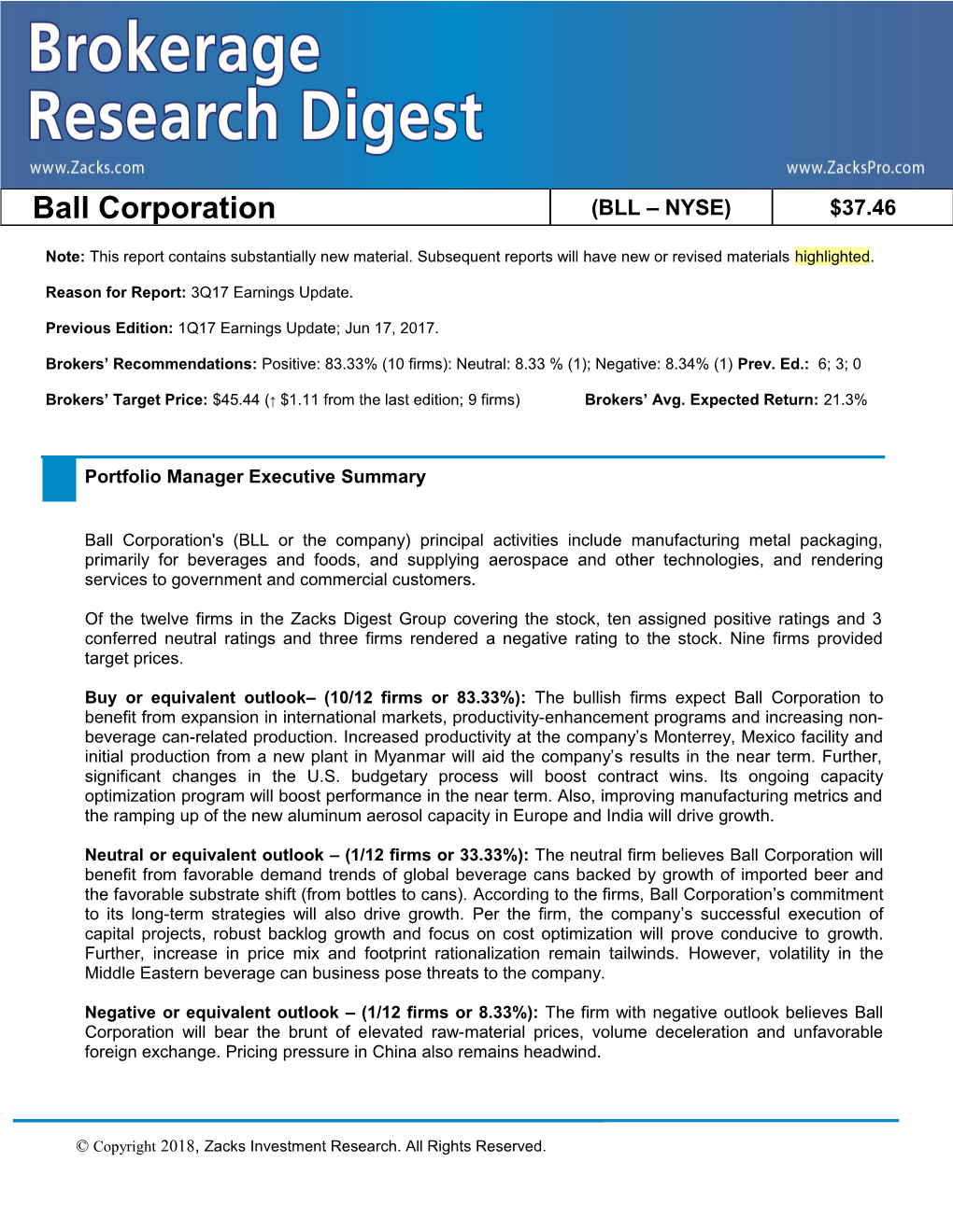 Reason for Report: 3Q17 Earnings Update