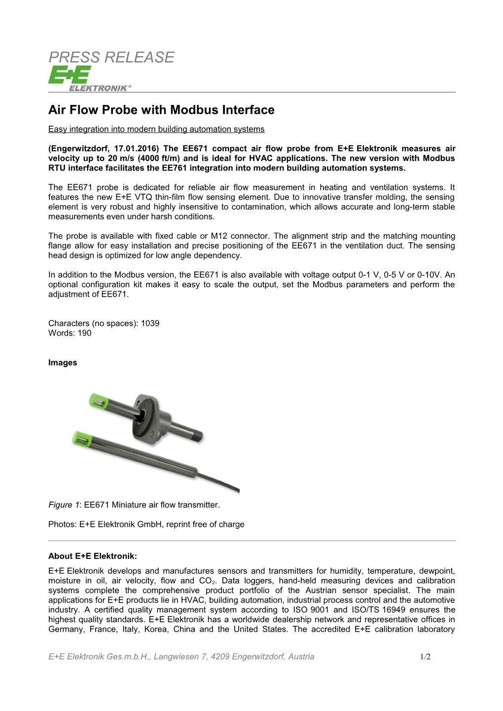 Air Flow Probe with Modbus Interface