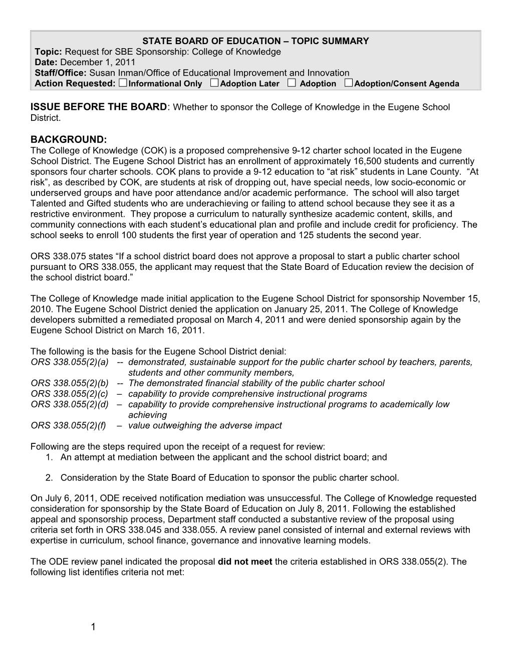 State Board of Education Topic Summary s18