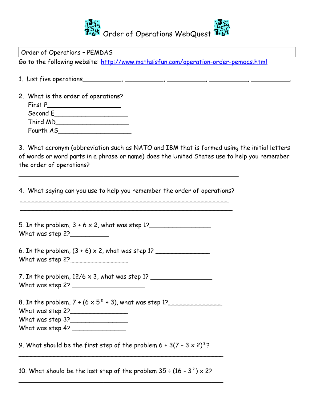 Order of Operations Webquest