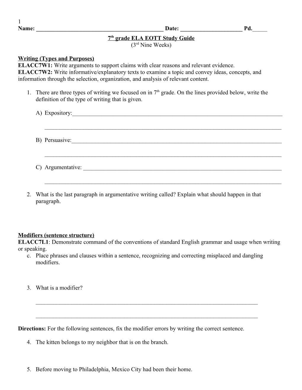 7Th Grade ELA EOTT Study Guide