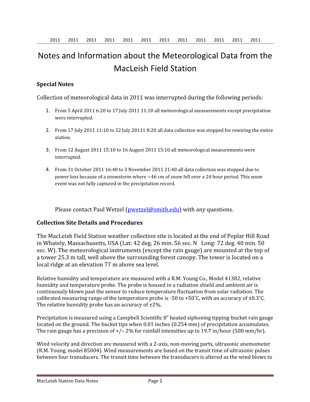Notes and Information About the Meteorological Data from the Macleish Field Station