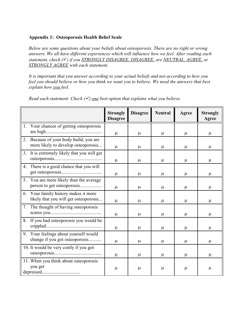 Appendix 1: Osteoporosis Health Belief Scale