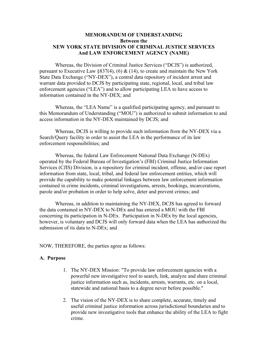 MEMORANDUM of UNDERSTANDING AMONG the NYS Division of Criminal Justice Services AND