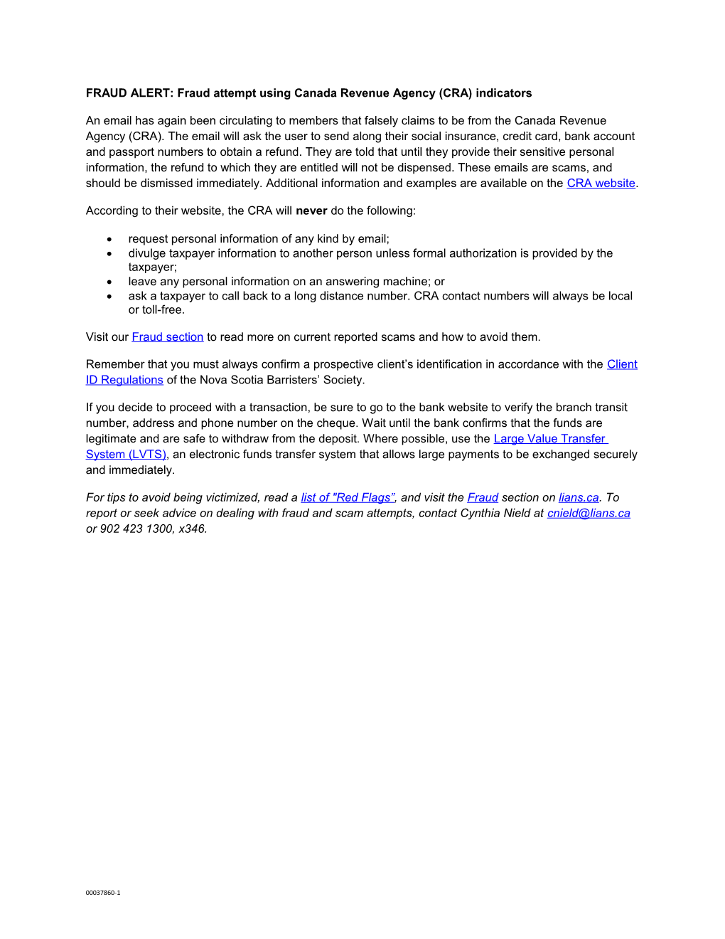 2014-01-03 LIANS Fraud Alert Re: CRA Scam Emails (00037860)