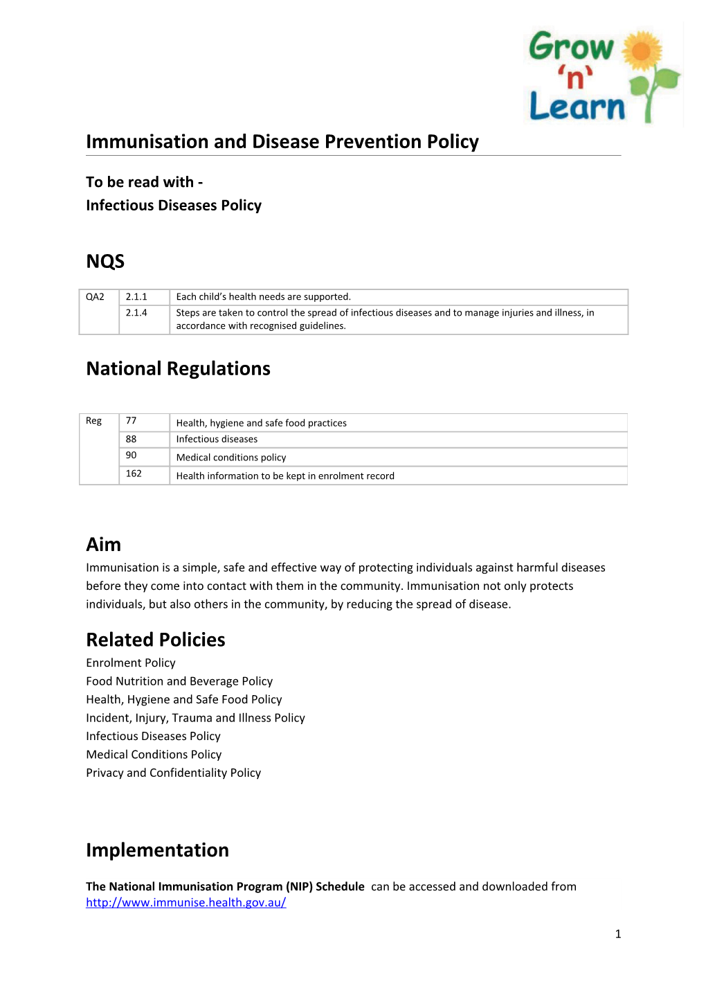 Immunisation and Disease Prevention Policy