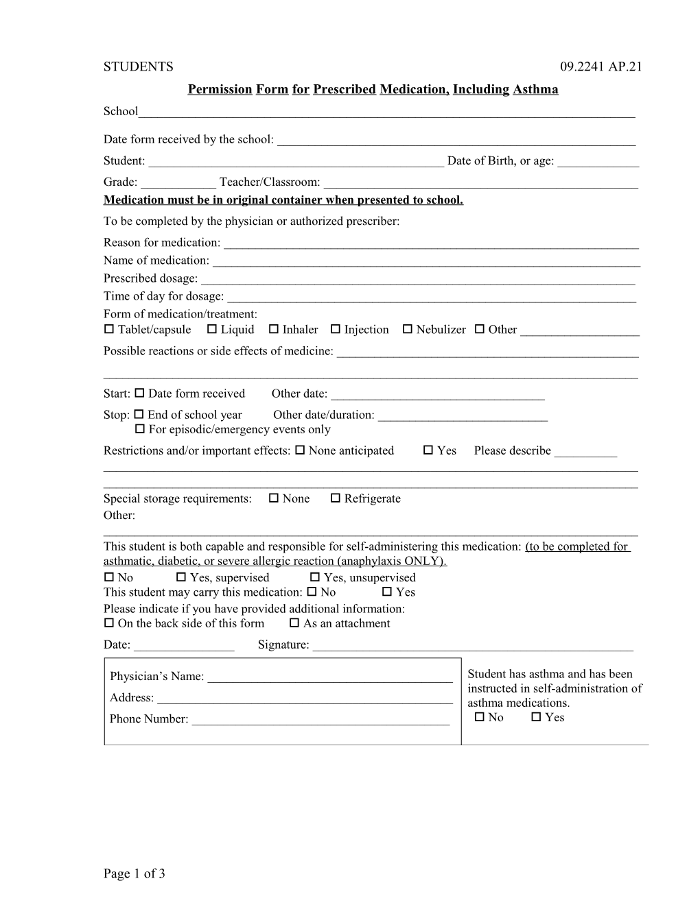 Permission Form for Prescribed Medication,Including Asthma