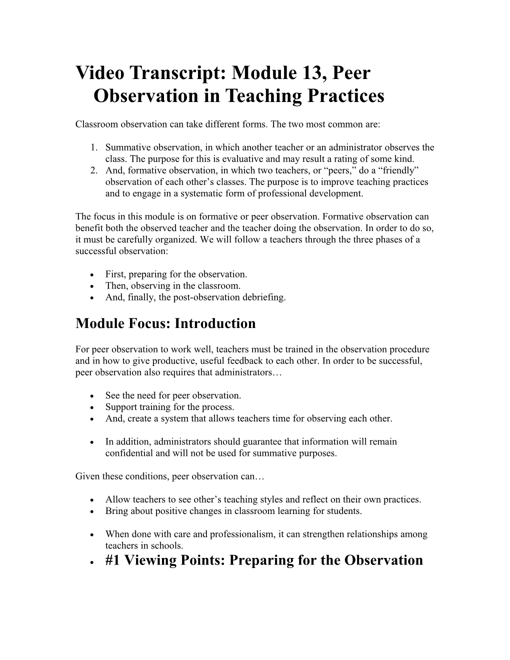 Video Transcript: Module 13, Peer Observation in Teaching Practices