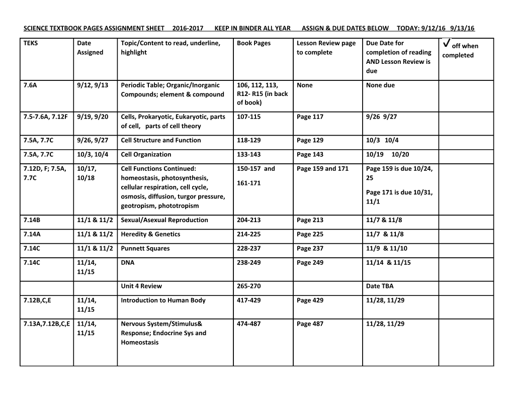 Science Textbook Pages Assignment Sheet 2016-2017 Keep in Binder All Year Assign & Due