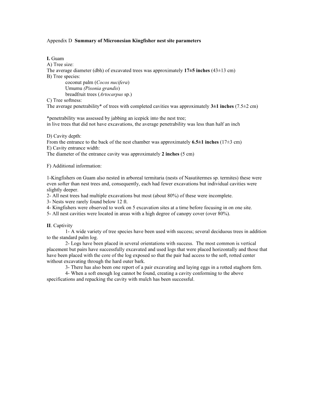 Summary of Micronesian Kingfisher Nest Sites Information