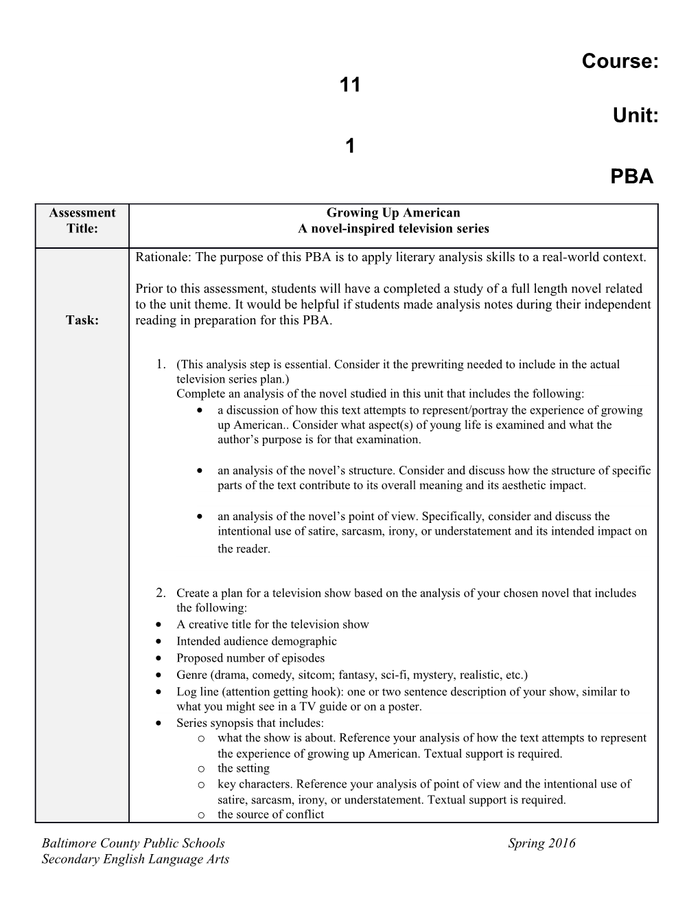 Grade 11 ELA: Performance-Based Assessment 1