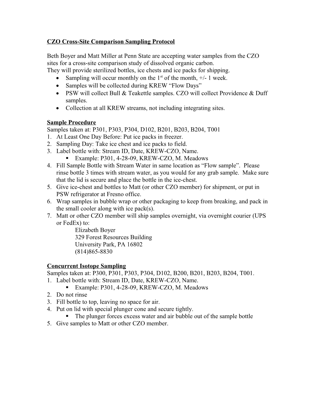 CZO Cross-Site Comparison Sampling Protocol