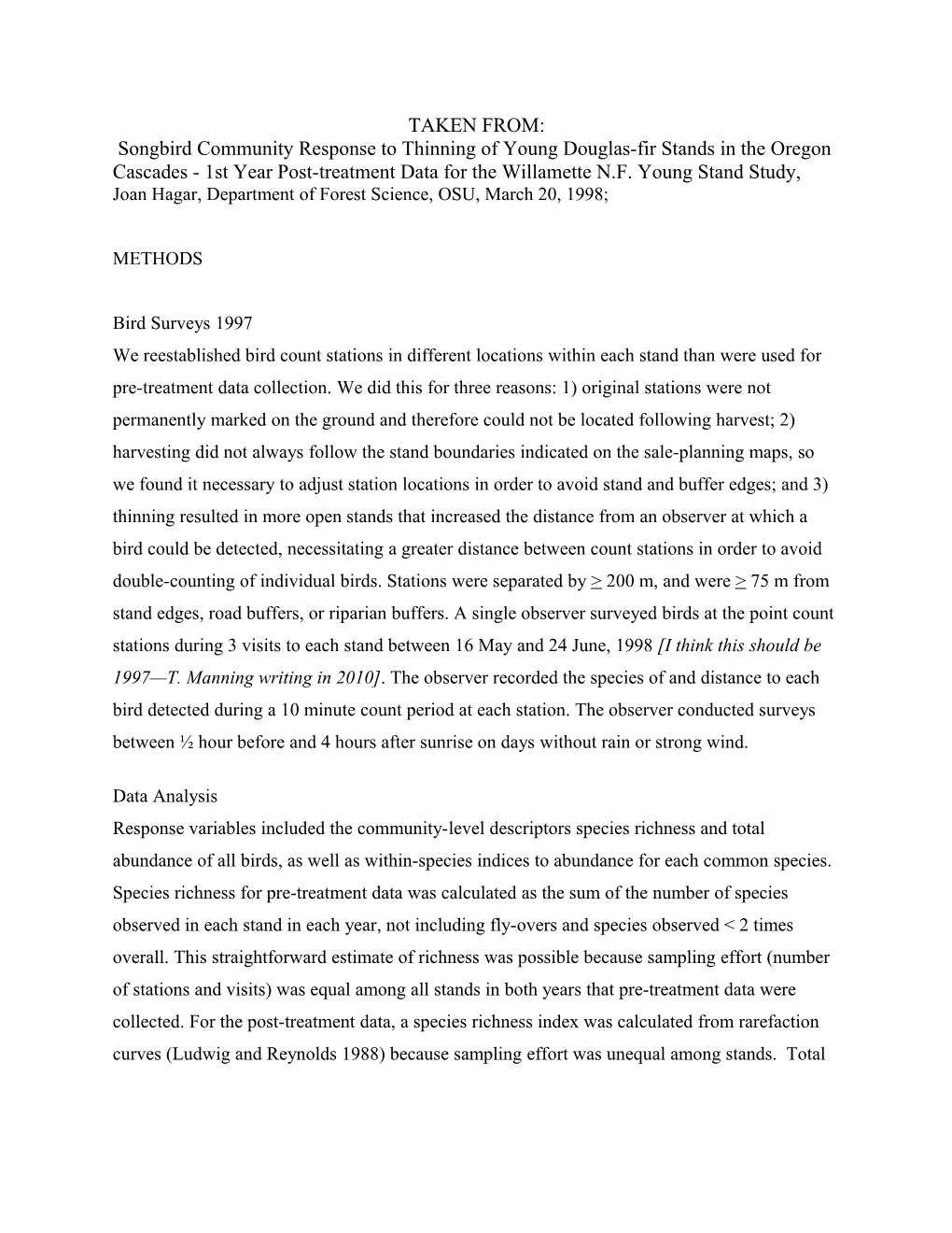 Songbird Community Response to Thinning of Young Douglas-Fir Stands in the Oregon Cascades