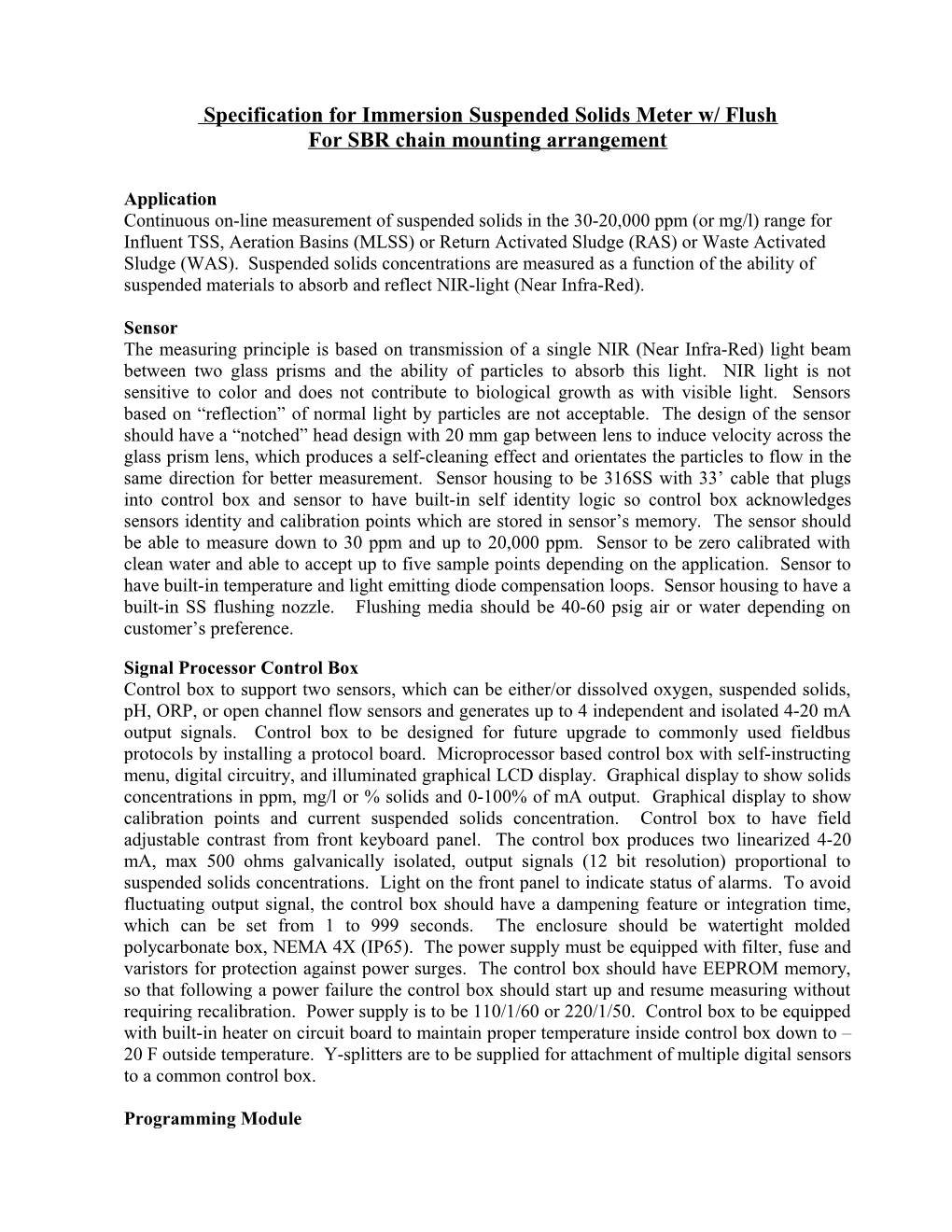 Municipal Specification for Cerlic High Suspended Solids Meter