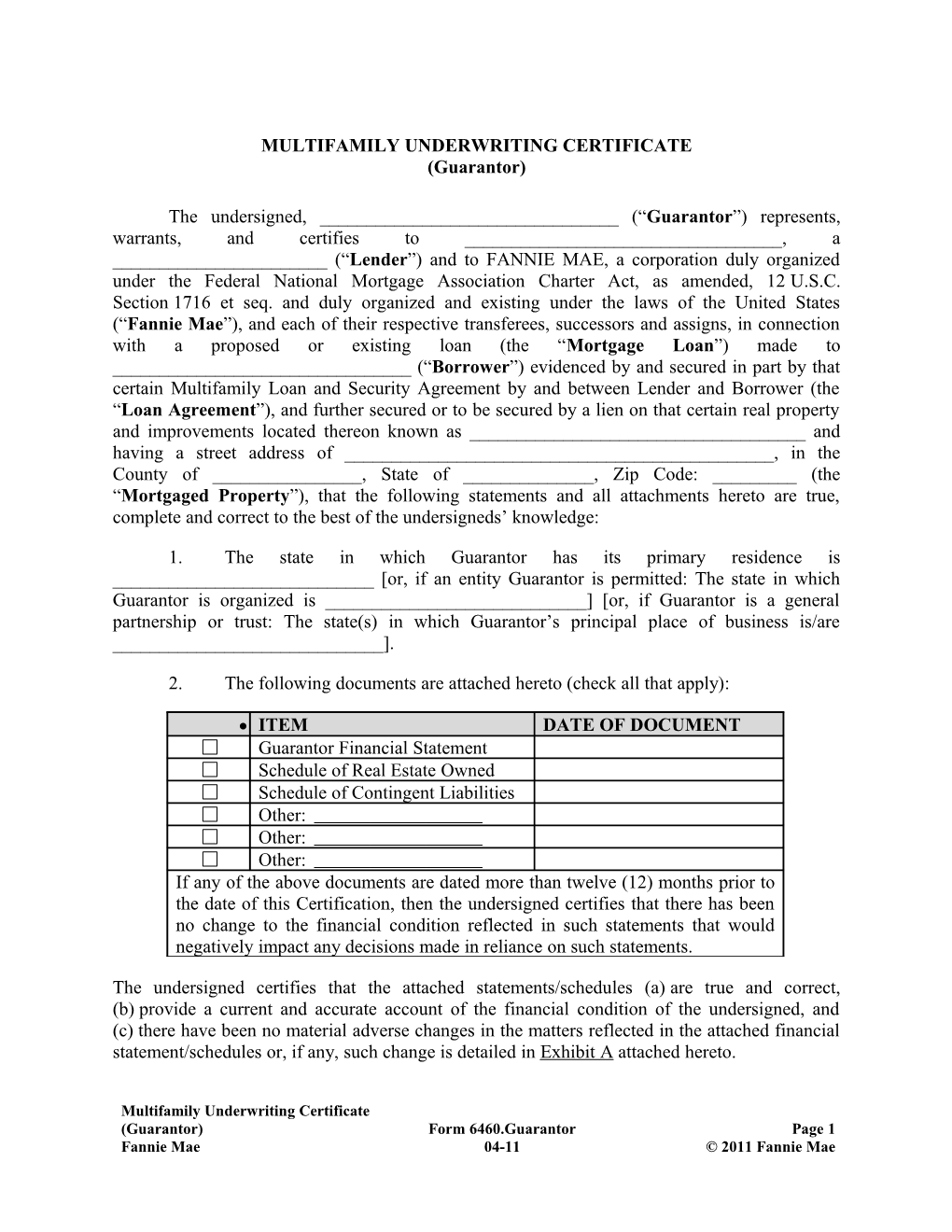 Multifamily Underwriting Certificate