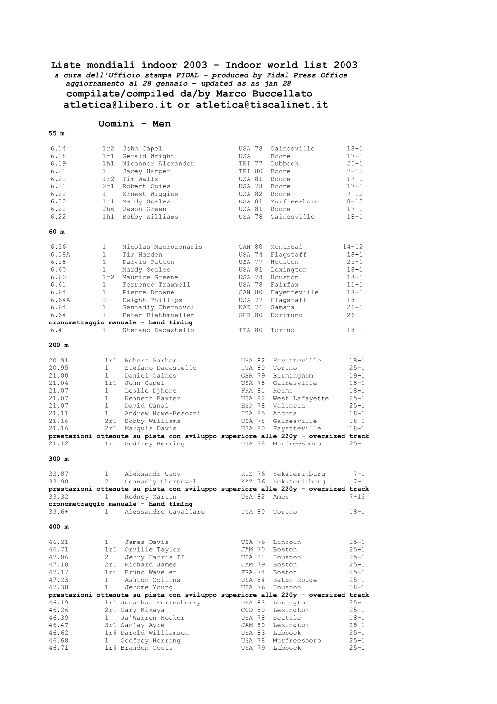 Liste Mondiali Indoor 2003 Indoor World List 2003