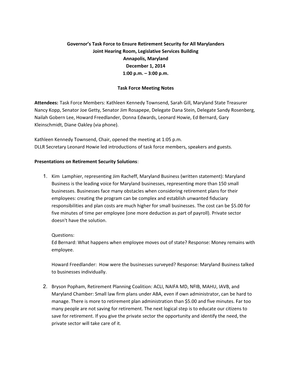 Task Force Notes, December 1 2014