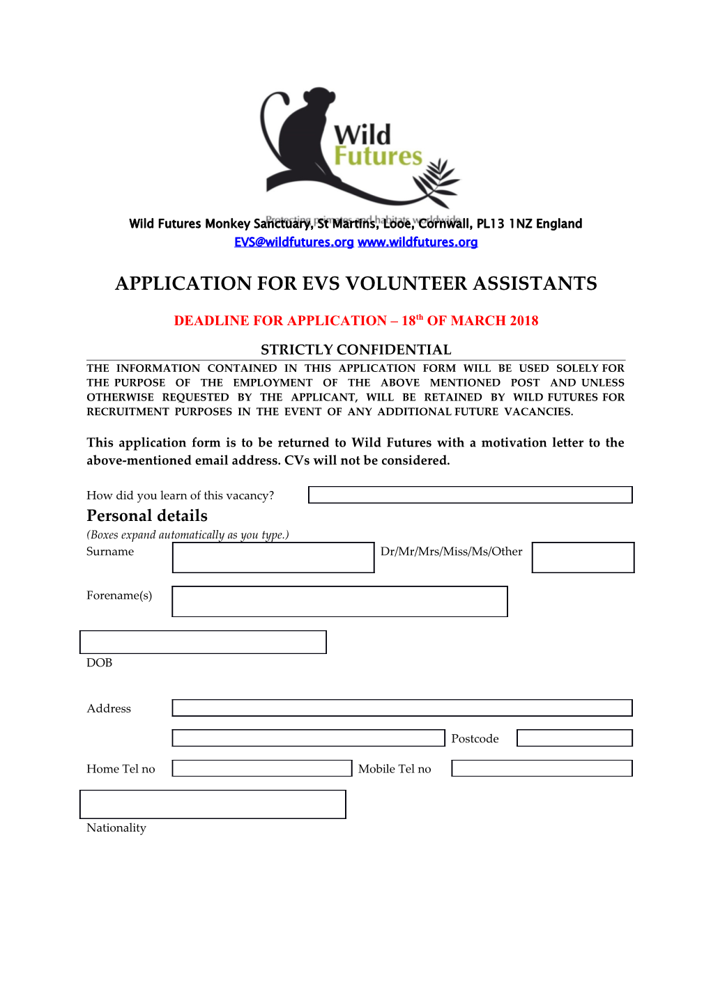 Application for Evs Volunteer Assistants